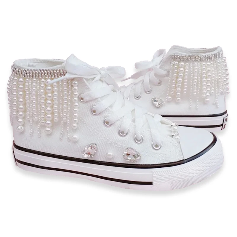 Women New Heavy Duty Beads High Canvas  Fashion Pearl Diamond Casual shoes Size 35-44 Party Wedding Lady Shoes