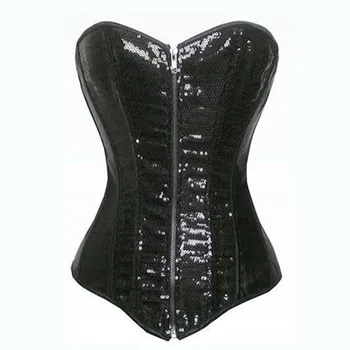 Black Sequin Overbust Corsets for Women Sexy Gothic Corset Bustier with Zipper Lace Up Boned Waist Corset Top Burlesque Lingerie