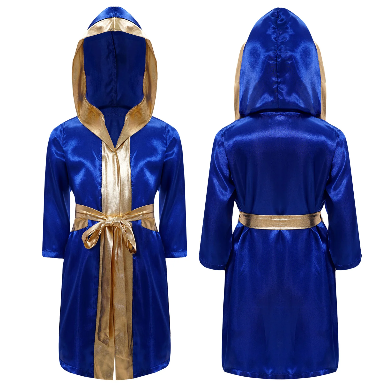 Boxermantel für Kinder, Jungen und Mädchen, langärmelig, glänzender Satin-Cardigan, Kapuzenumhang mit Gürtel, Halloween-Mottoparty, Boxer-Cosplay-Kostüm – Detail 19