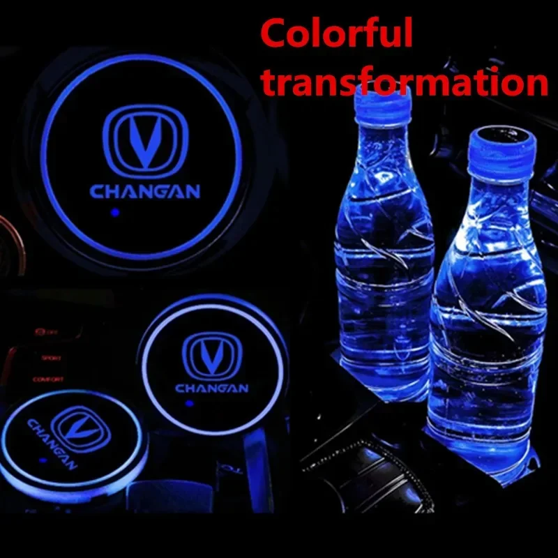 7 다채로운 USB 자동차 로고 LED 분위기 조명 컵, 빛나는 코스터 거치대, Changan Uni-k CX70 CS55 CS35 필터 번퍼 Alsvin용