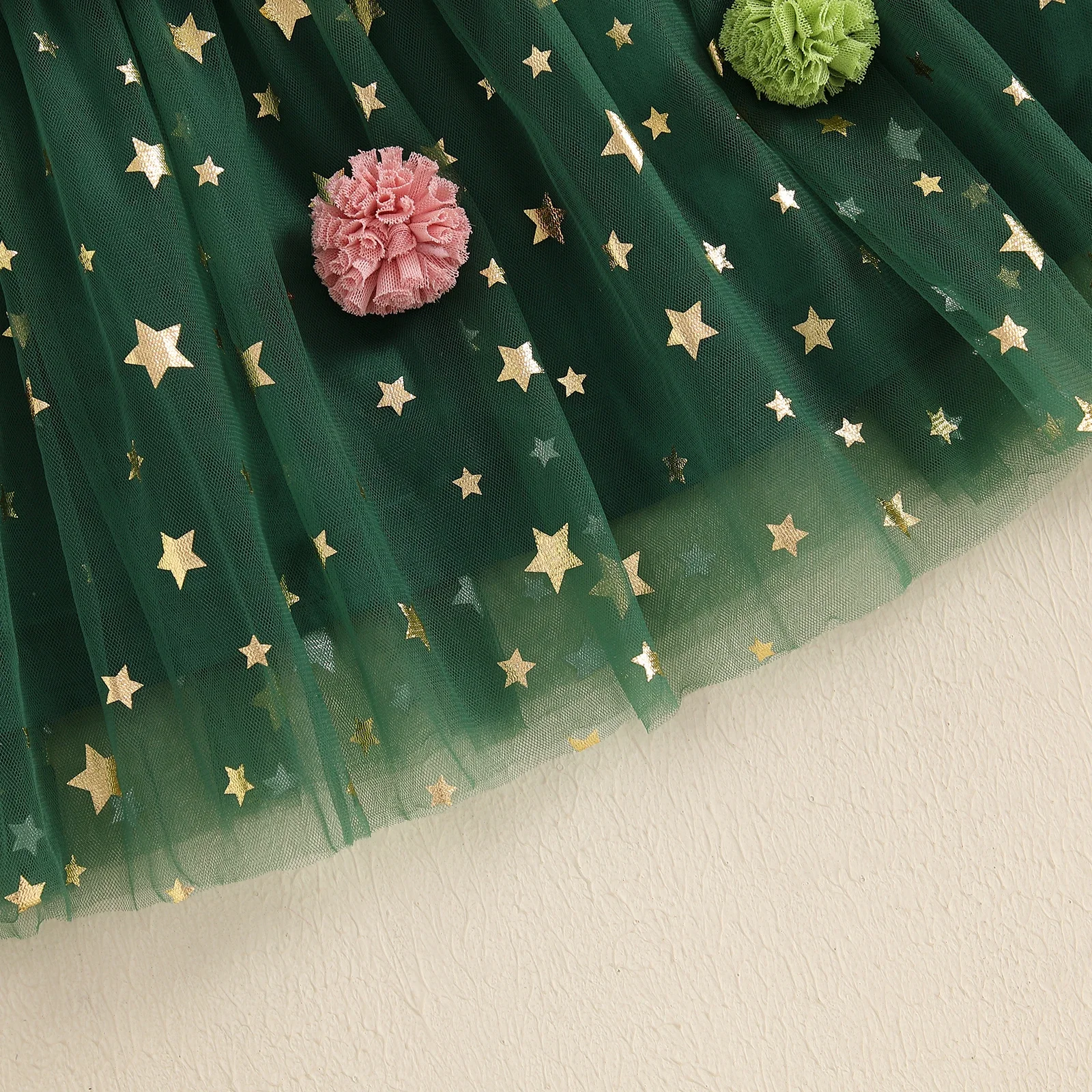 Girls Dress Kids Christmas Sleeveless Star Print Lace Tulle