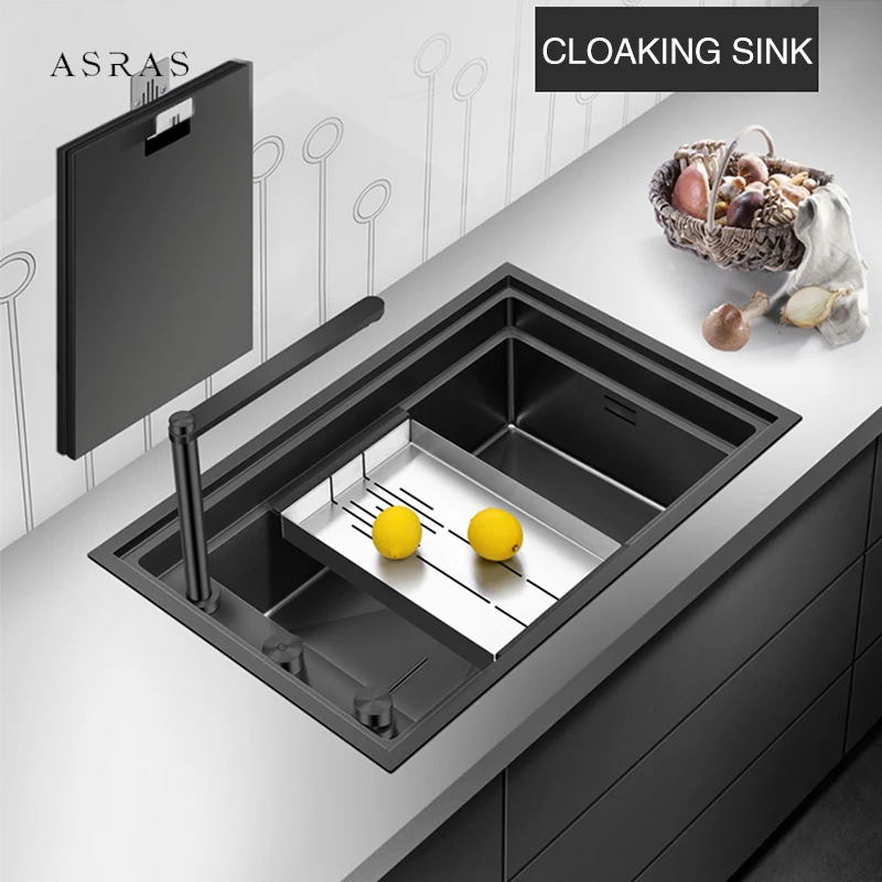 Kitchen Sink Nanometer Double Cover Cloaking Sink 304 Stainless Steel
