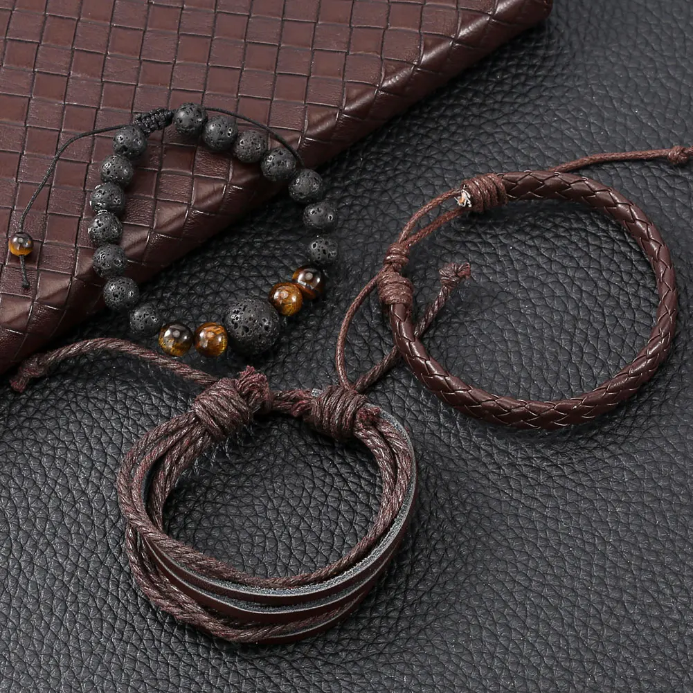 Watch Bracelet Set Men Fashion Blue Quartz Watch Face Leather Strap Brown Woven Bracelets Wedding Anniversary Gifts for Husband