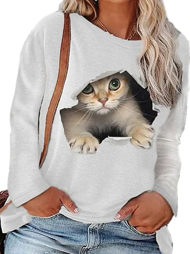 Women Tee Shirt Cat Graphic 3d Print Round Neck Long Sleeves Tops Fit T