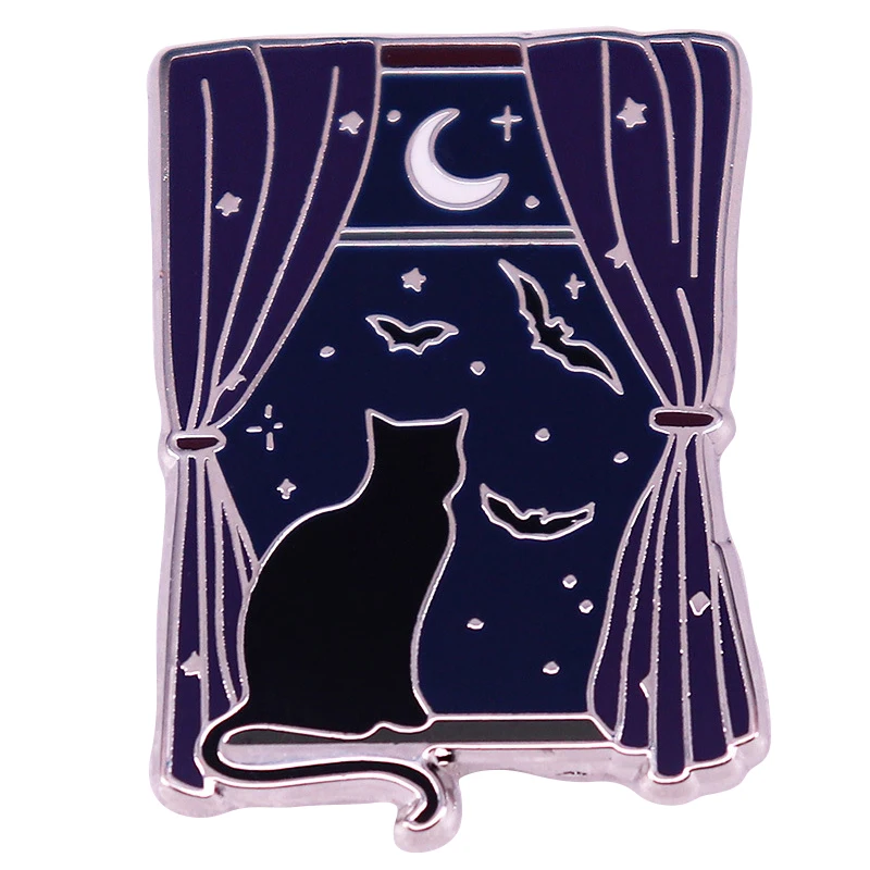 Эмалированная брошь в виде черной кошки и летучих мышей с лунным свечением C4824, заколка для лацкана на Хэллоуин, модные ювелирные изделия, подарочные аксессуары