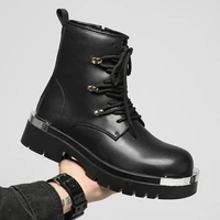 Vintage Leather Mens Snow Boots Fashion Man Thick Bottom Ankle Boots Lace Up High Top Shoes Outdoor Motorcycle Boots  Walk Shoes