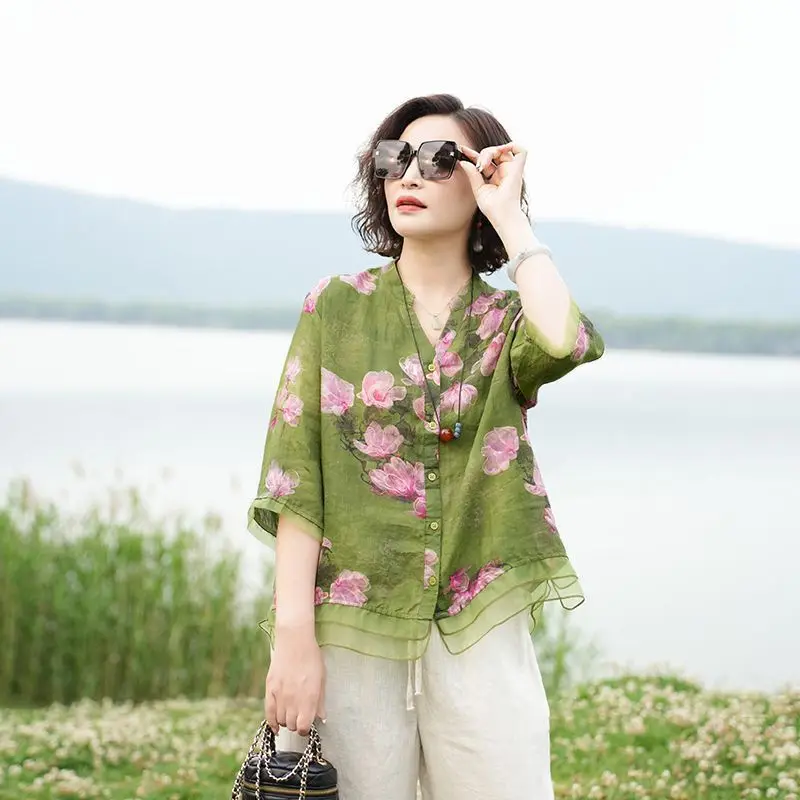 Summer Shirt Maternity Tops Printed Cotton Linen Ethnic Retro Style
