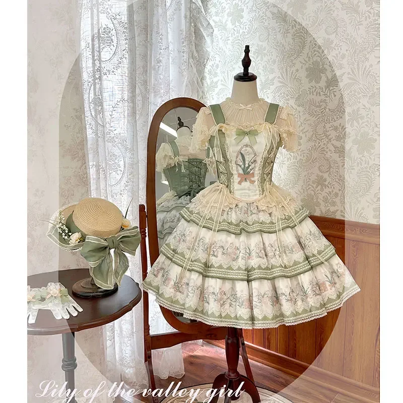 

Lily of the Valley Girl ~ Sweet Printed Lolita Corset Top & Midi Tiered Skirt Set by Alice Girl ~ Pre-order