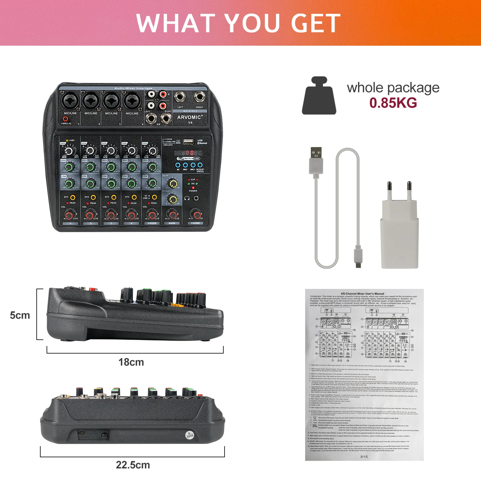 Audio Mixer 6 Channel Audio Mixer V4 USB Bluetooth Function Delay Effect 2-Band EQ Home Recording Karaoke
