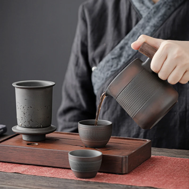 High end Purple Pottery Retro Tea Set Outdoor Travel Tea Set Portable Kungfu Tea Teapot Small Package Birthday Gift