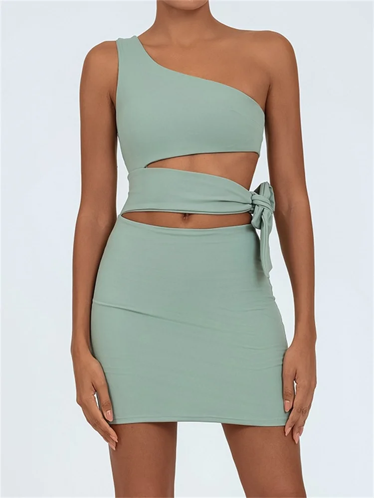 Tennis Dress Women Golf One Shoulder Hollow Out Bandage Slim Fit Fitness Tennis Short Skrit Badminton Dress One-Pieces Yoga Set