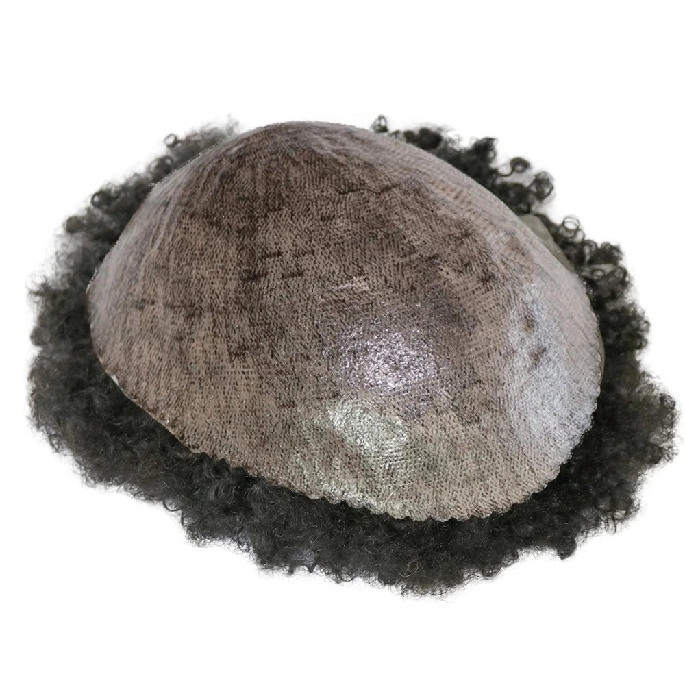 Durable Skin Afro Curly Mens Toupee 6mm Black Man Weave Hair Wig Grey Mixed Kinky Curly Male 100% Human Hair Replacement System