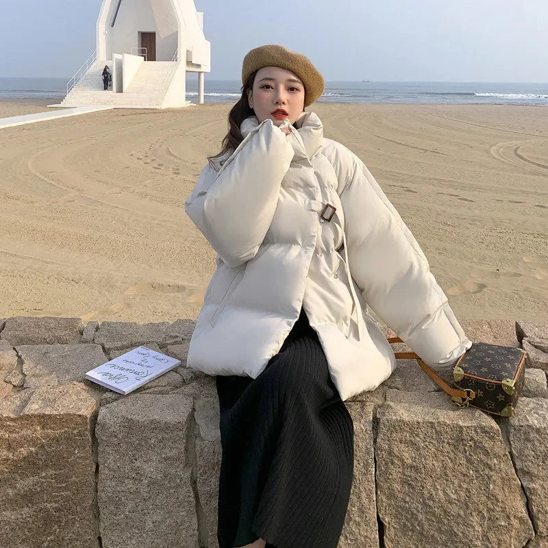 

Winter Thick Coat Women Fashion Loose Parkas Oversized Stand Collar Korean Jacket Solid Preppy Padded Clothing All Match Top