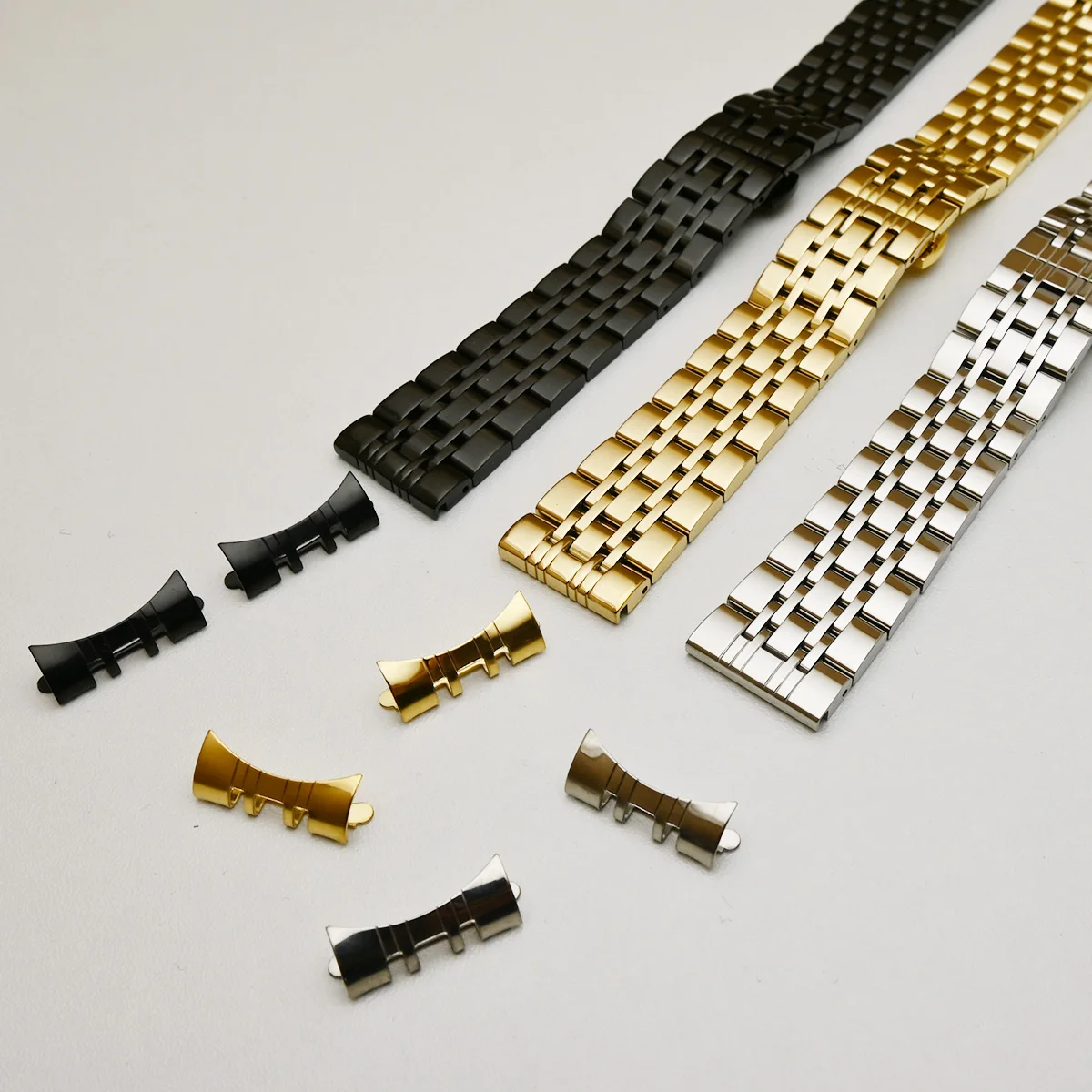 Elegant Polished Silver, Black, Gold Stainless Steel Watch Bracelet