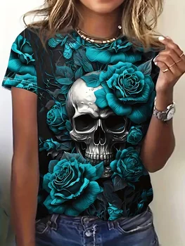 Women's Tee - Skull & Turquoise Rose Graphic, Edgy Gothic Floral Design for Casual Daily Wear 1