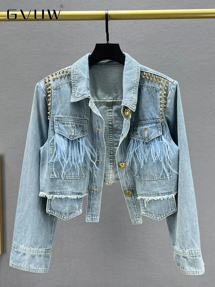 

Женское джинсовое пальто GVUW, с перьями, с отложным воротником и длинным рукавом, универсальный однобортный летний топ с заклепками, модель 17G6356, 2024