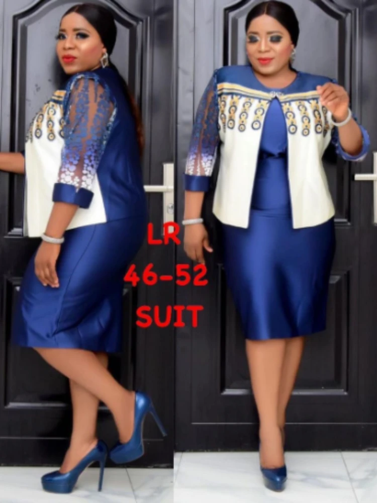 

4XL 5XL Africa Plus Size Women's Dress 2 Piece Sets Spring Autumn New Round Neck 3/4 Sleeve Pleated Dress Large Size Clothes
