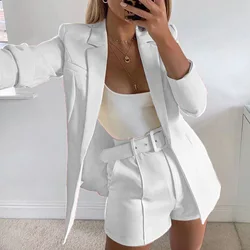 Casual Solid Shorts Suit Women Work 2 Piece Set Turn Down Collar Coat Top Shorts Two Piece Outfit Business Suits