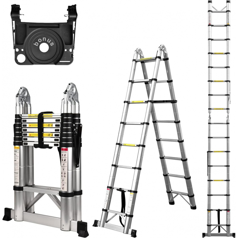 Telescoping Ladder A Frame, 16.5 Ft Compact Aluminum Extension Ladder, Portable Telescopic RV Ladder for Outdoor Camper Trips