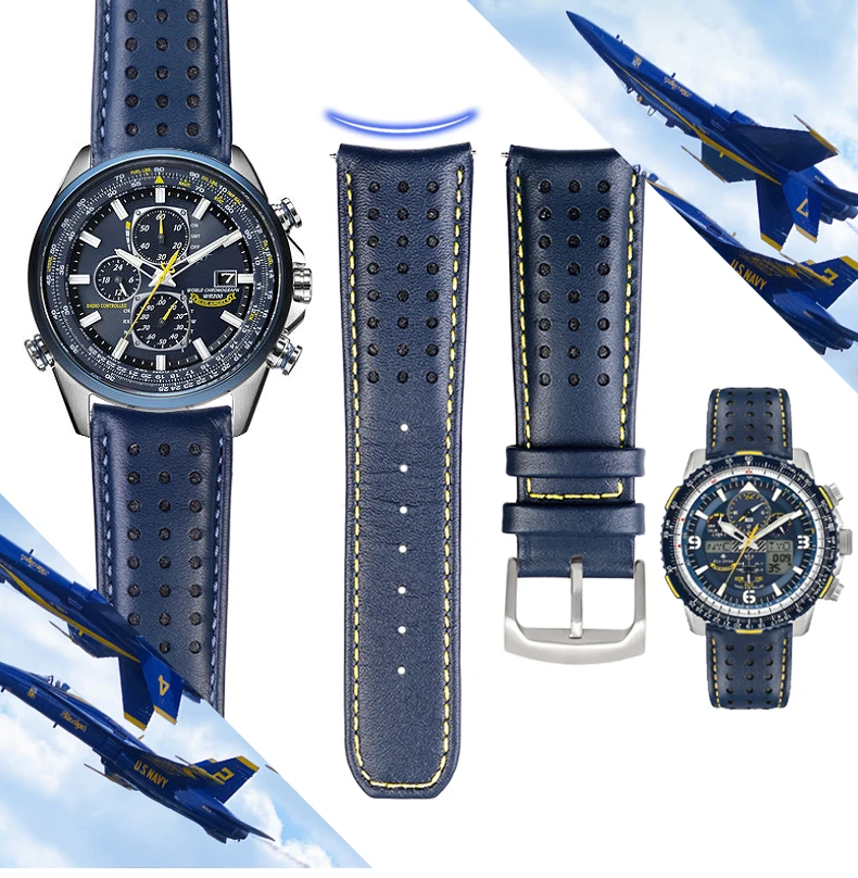 Genuine Leather Watchband - 22mm/23mm Curved End Strap in Navy Blue