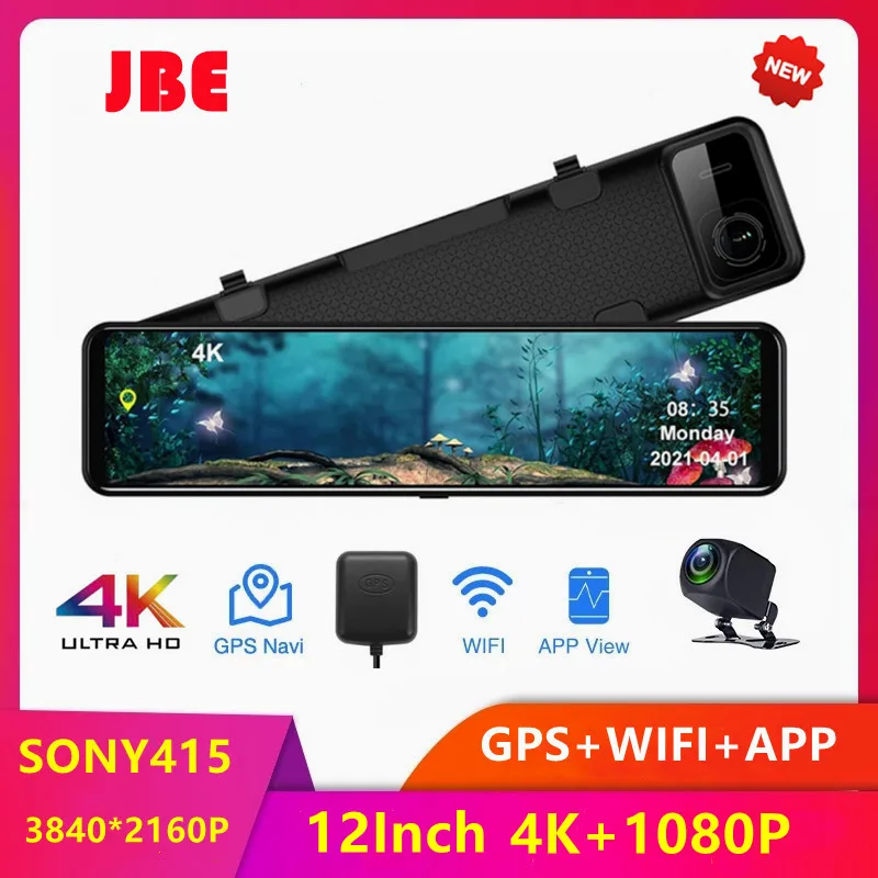 

12 Inch 2160P 4K WIFI Sony IMX415 Car DVR Video Recorder DashCam Rearview Mirror GPS Track Auto Registrar Night Vision 24H Park