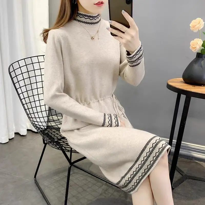 

Autumn Winter Knitted Print A-line Dress Women Chic Long Sleeve Casual Dress 2023 Korean Vintage Sweater Party Dress T36