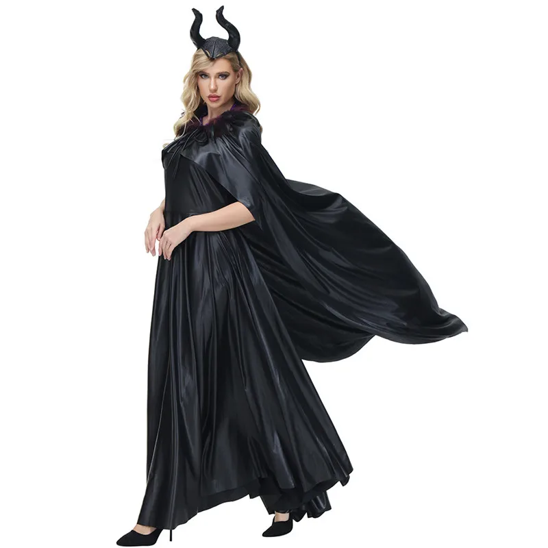 

Faux Leather Gothic Woman Halloween Black Demon Costumes Female Witch Sorceress Cosplay Carnival Purim Role Playing Party Dress