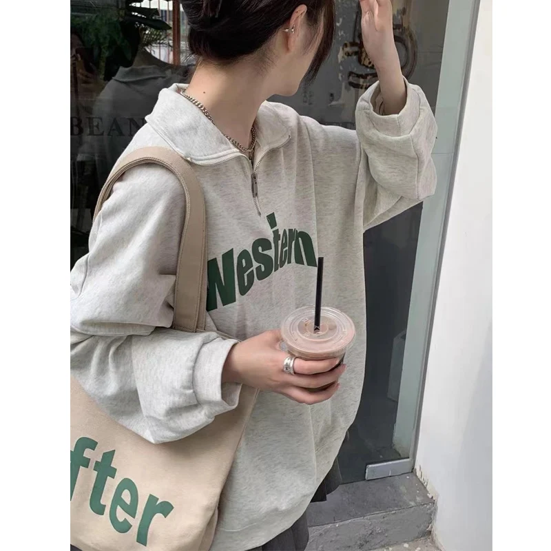 Street Casual Half Zipper Patchwork Hoodies Sweatshirts Spring Autumn Long Sleeve Print Loose Tops Fashion Trend Women Clothing