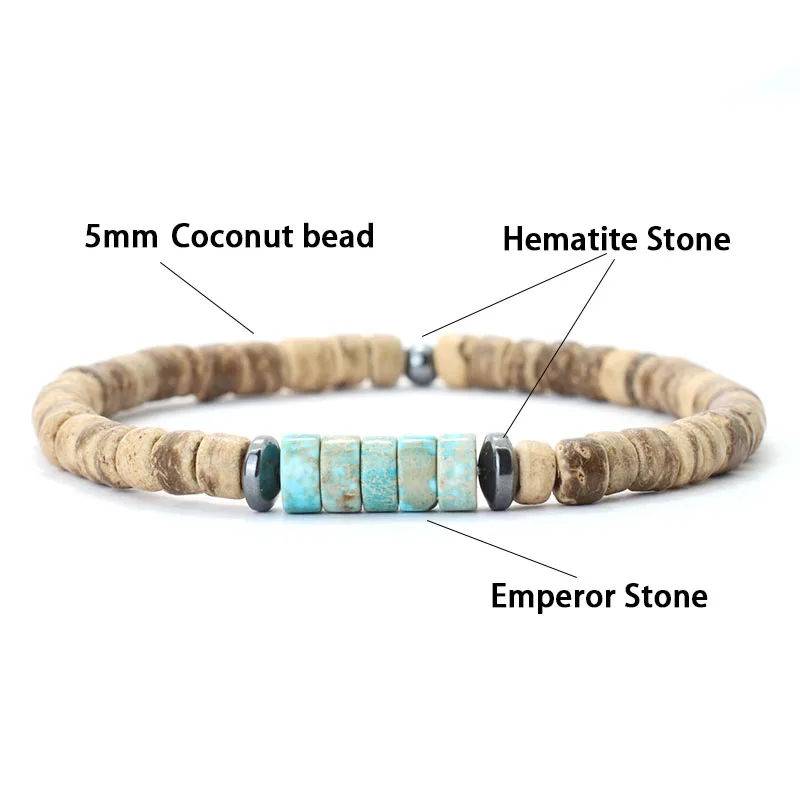 Coconut Bead Unisex Bracelet with Natural Wooden Stone