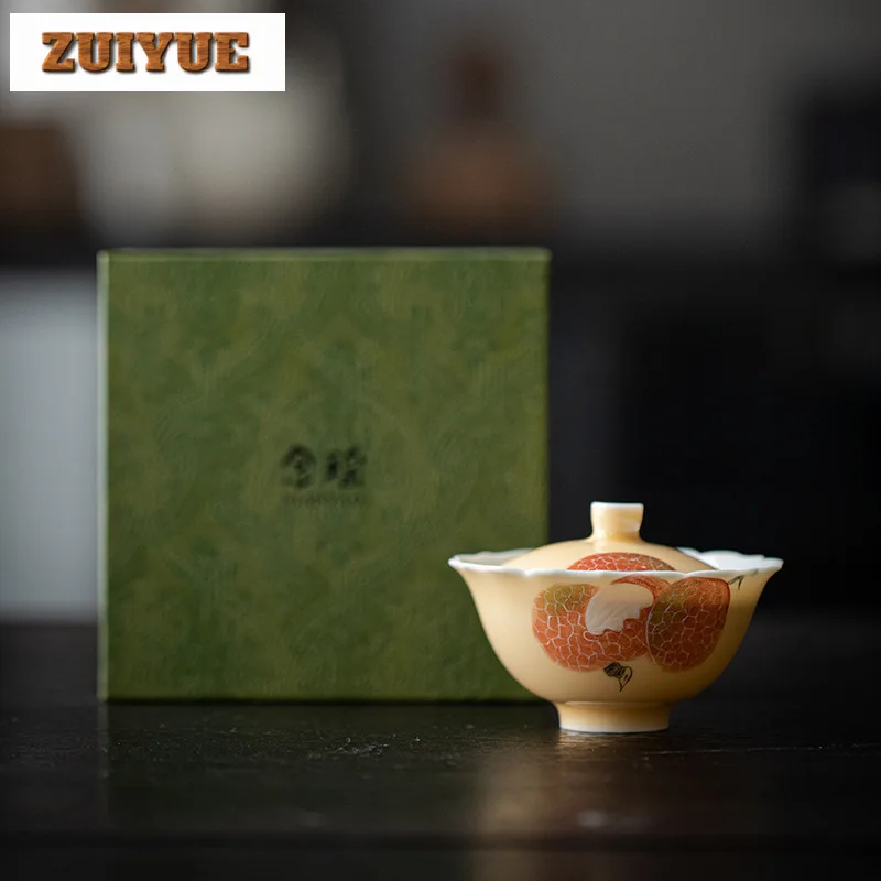 Apricot Yellow Cover Bowl Hand Painted Lychee Bowl Anti Scald Gaiwan Elegant Tea Tureen Tea Cup 120ml Chinese Set Ornaments
