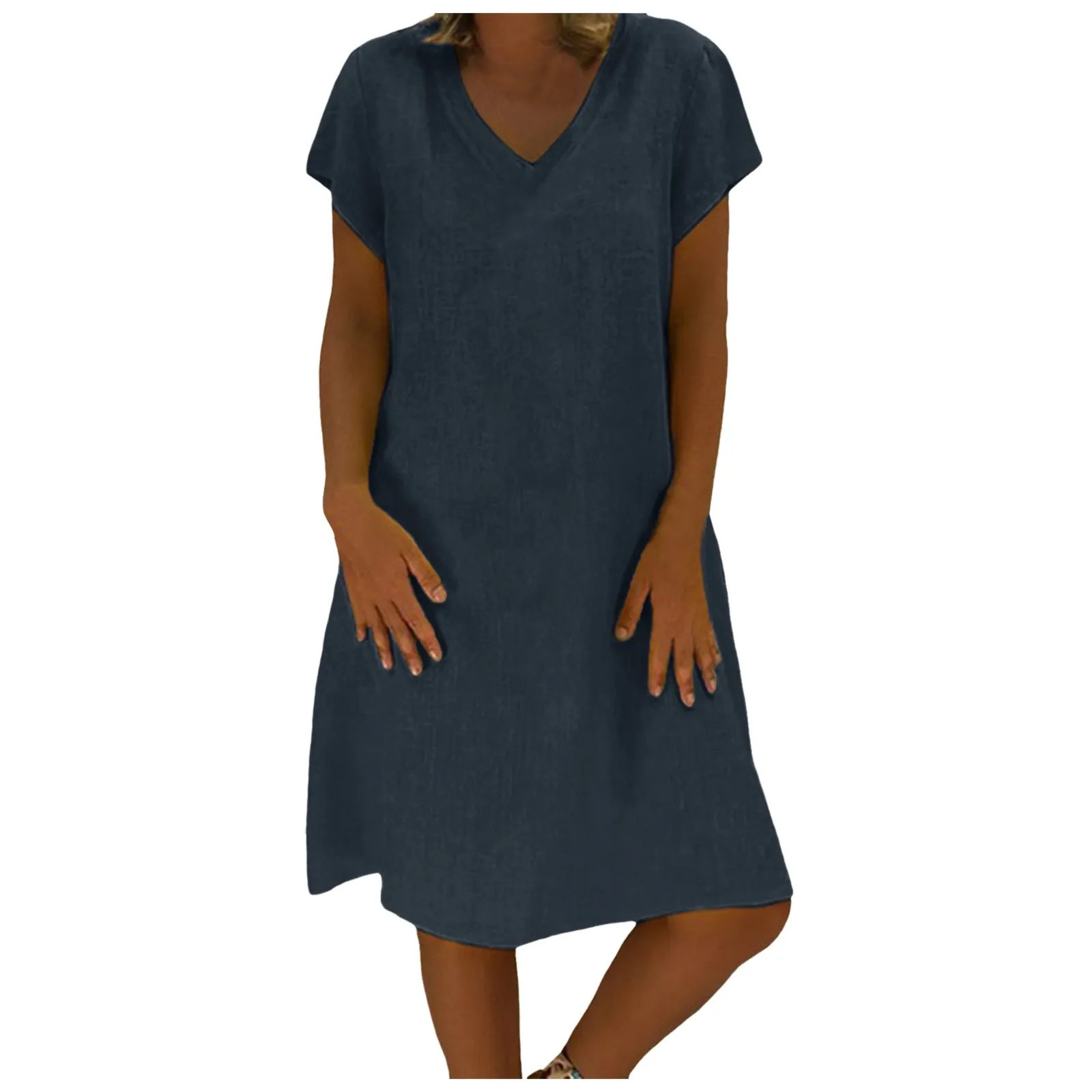 

Женское модное однотонное повседневное свободное и Крутое длинное платье с V-образным вырезом и коротким рукавом летние платья для женщин до колена