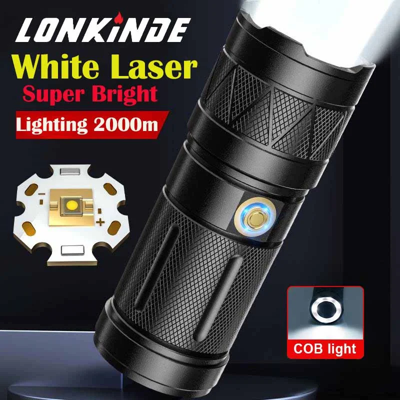 Long Shot 2000m White Laser LED Flashlight Rechargeable LED Torch Powerful Flashlights USB Built-In 9000mAh Battery Hand Lamp