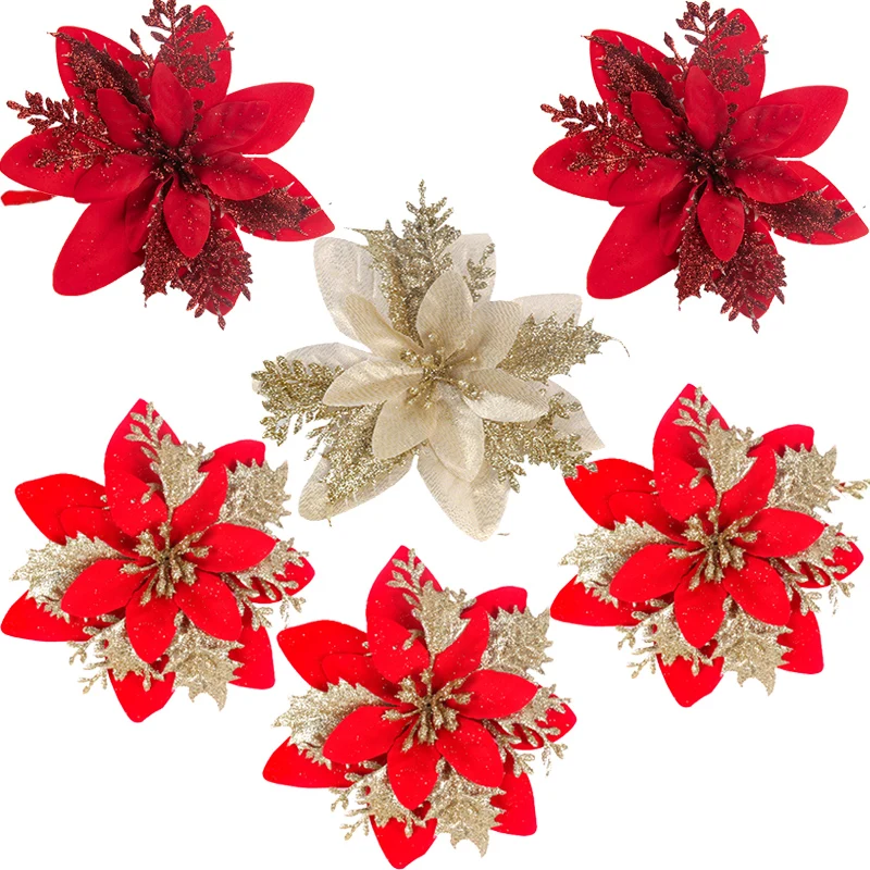 SUNCHE 15 Fiori Di Natale Con Glitter, Stelle Di Natale Artificiali Per Albero, Decorazioni Natalizie Argento 16 Cm