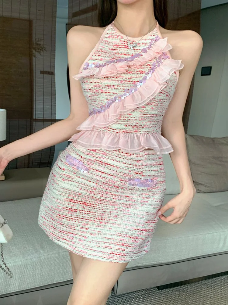 

Small Fragrance Pink Tweed Two Piece Set For Women Summer Sexy Halder Ruffles Slim Vest Top+Bodycon Mini Skirt Sweet Lady Suit