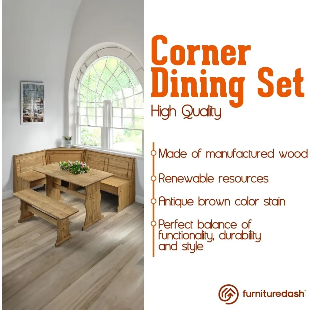 Solid Wood Corner Dining Set 64.8" W x 19.9" D x 33.4" H- Farmhouse Table and Bench Set, Farmhouse Furniture for Dining Room 4