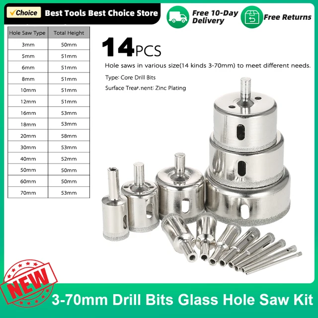 14 pièces 3-70mm forets verre trou scie Kit diamant enduit noyau trou scie marbre foret carrelage céramique verre porcelaine forage 1