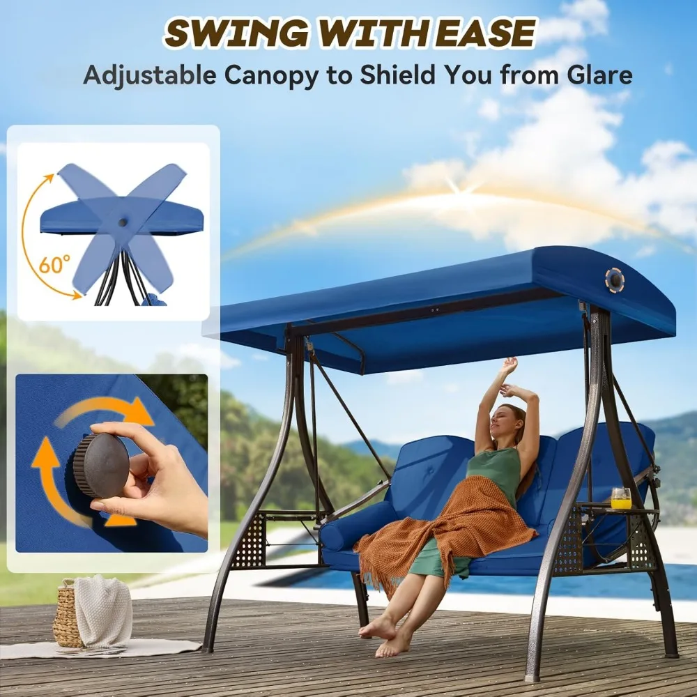 3 in 1 Outdoor Porch Swing with Adjustable Canopy, 3 Seat Outdoor Swing for Adults, Patio Swing Chair with Thickened Cushions 4