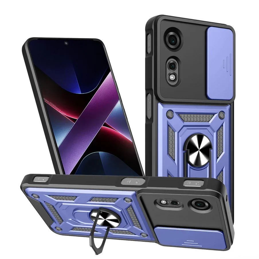 Magnetic Metal Ring Holder Shockproof Armor Case with Slide Lens Cover