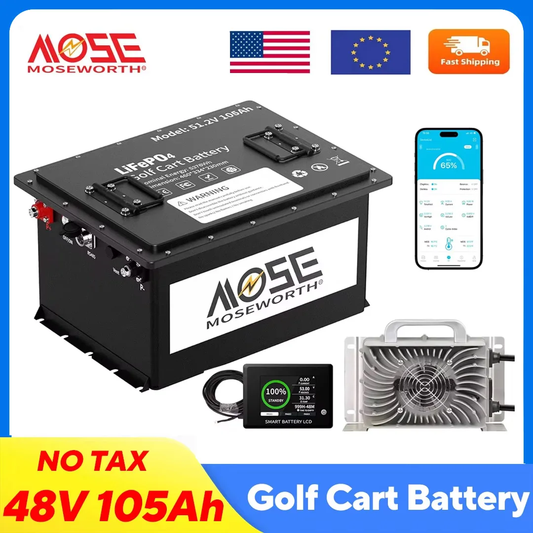 MOSEWORTH 48V 105Ah Golf Cart Lithium Battery Built-in Smart 200A BMS with Touch Monitor and Charger APP Supported MAX 10.24 kW