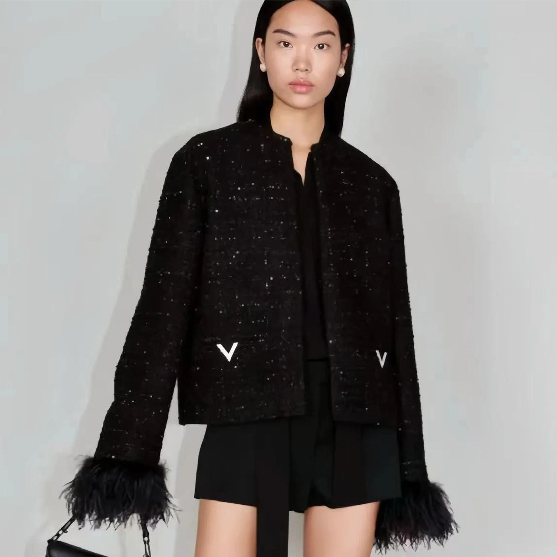 

NIGO Women's Spring And Fall Fashion Black Feather Cuff Rhinestone Tweed Short Jacket Half Skirt Suit Ngvp #nigo7354