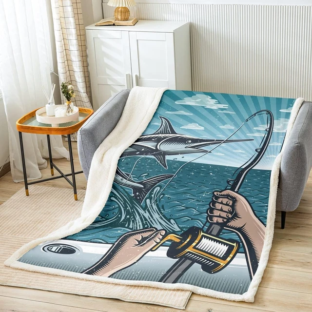 Kids Marlin Swordfish Fleece Throw Blanket Nautical Fishing and