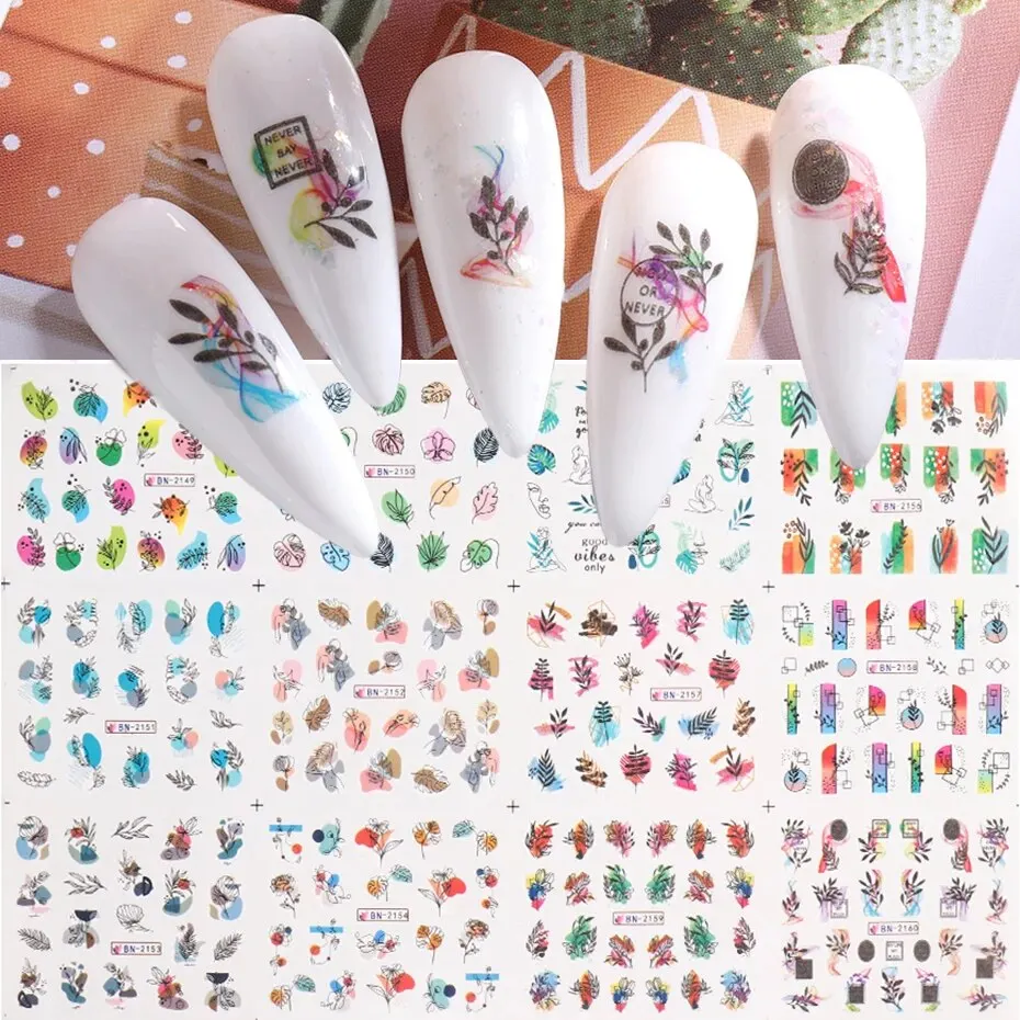 Nail Water Stickers Set Color Block Lines Leaf Flowers Abstract Lady Face Pattern Floral Heart Manicures Decoration 5pcs nail stickers,nail art decoration,nail decals