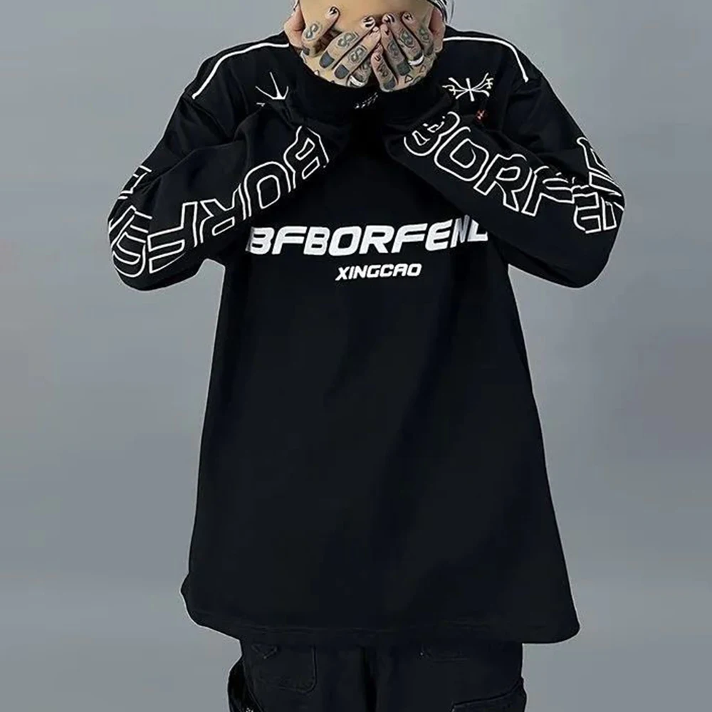

Street Retro Long-sleeved T-shirt Summer Hip-hop High Street Fashion Casual Racing Pure Cotton Loose Simple Round Neck Top