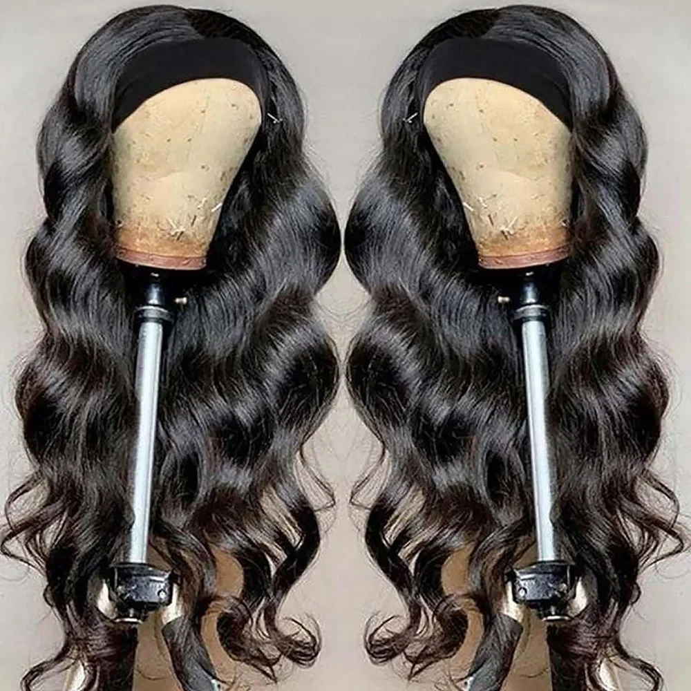 Headband Wig Human Hair Body Wave 16 Inch None Lace Front Wig Wear and Go Wigs for Women 200% Density Wigs Natural Black Color 2