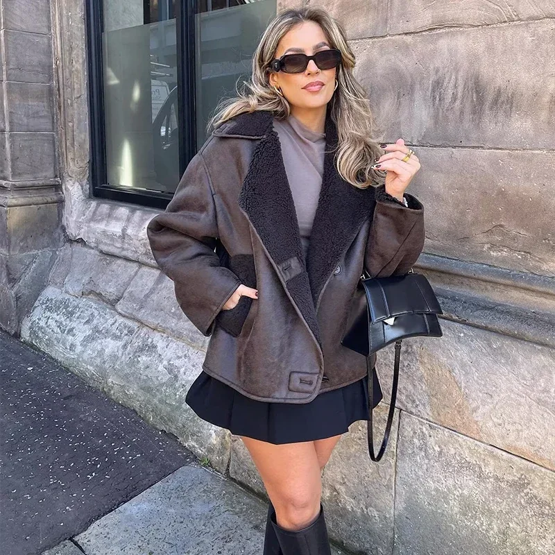 Vintage Women's Leather Jacket Loose Thick Warm Lapel Single Breasted Long Sleeve Fleece Jacket Fall Winter Street Outwear