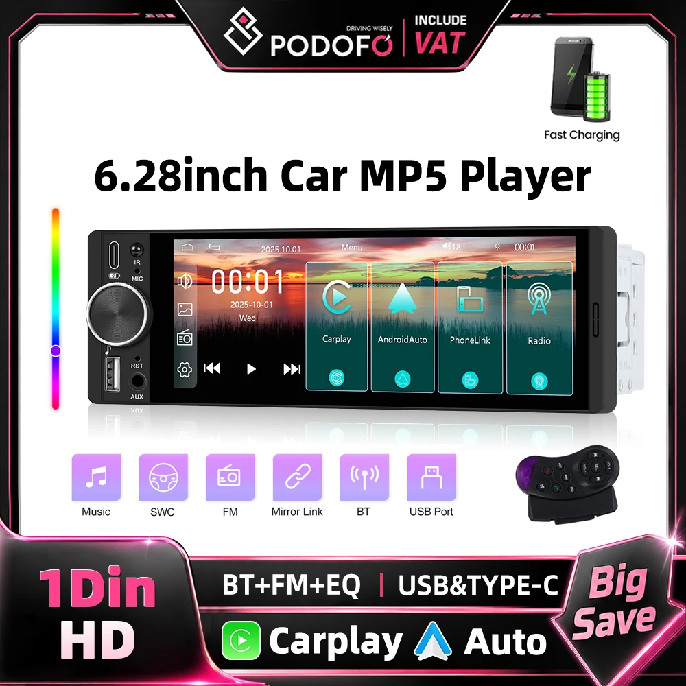 Radio para Auto Podofo de 6.28 Pulgadas 1 Din Universal MP5, Carplay Inalámbrico, Android Auto, Mirror Link, Pantalla Táctil HD 1280*452, BT, USB, AUX, EQ, Reproductor Multimedia, Control del Volante, Compatible con Conexión de Cámara Trasera, Autoradio 1
