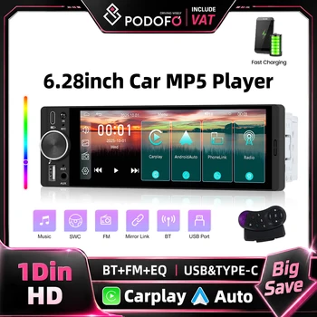 Radio para Auto Podofo de 6.28 Pulgadas 1 Din Universal MP5, Carplay Inalámbrico, Android Auto, Mirror Link, Pantalla Táctil HD 1280*452, BT, USB, AUX, EQ, Reproductor Multimedia, Control del Volante, Compatible con Conexión de Cámara Trasera, Autoradio 1