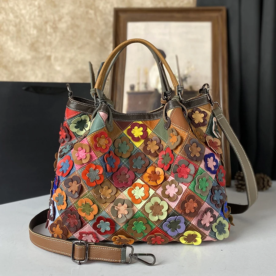 New genuine leather women's handbag with large capacity, top layer cowhide flower colorful contrasting single shoulder bag