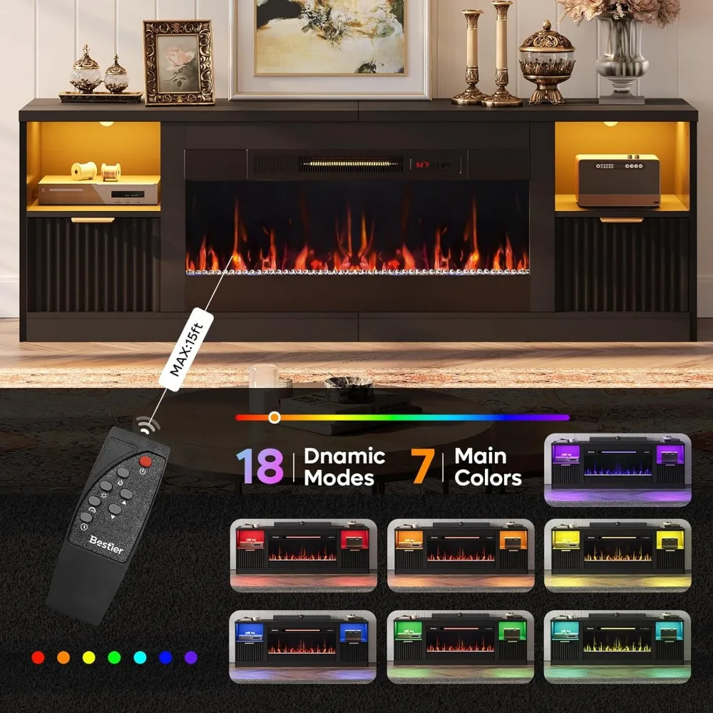 70” Fireplace TV Stand Modern Entertainment Center with 36" Electric Fireplace & LED Lights, Fluted Media TV Console Table 5