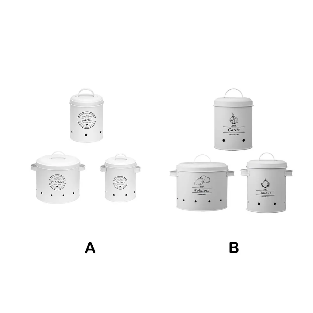 

3 Pieces Potato Bin Carbon Steel Kitchen Canister Boxes Garlic Jars Containers with Lid Countertop Barrels Household